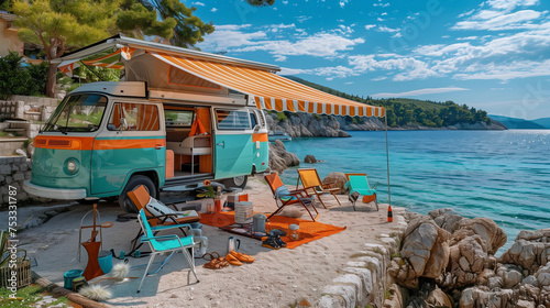 Retro Camping car by the ocean of Croatia, holiday road trip in motorhome, Camper Van house camp near the ocean sea shore, camper next to the sea in Croatia, road trip in Europe  photo