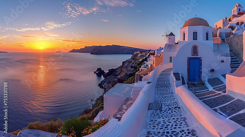 sunrise by the ocean of Oia Santorini Greece, a traditional Greek village in Santorini Europe photo