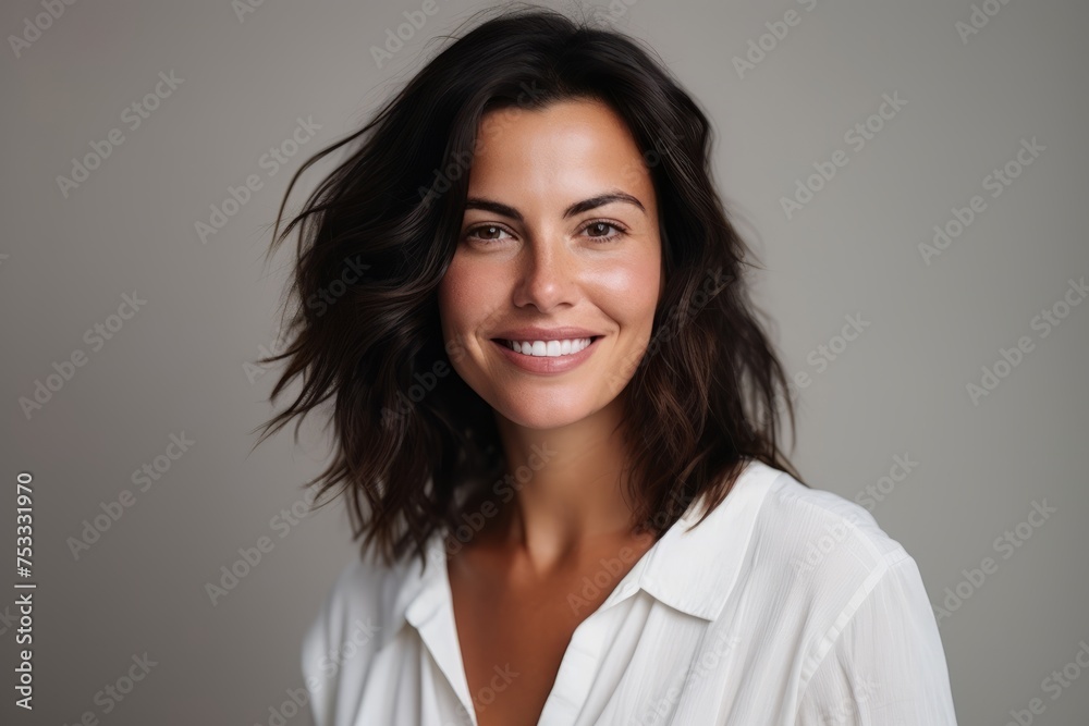 Portrait of a beautiful young woman smiling and looking at the camera Portrait of a beautiful young woman smiling and looking at the camera