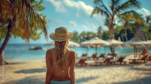 woman at a luxury eco-friendly resort, wearing beachwear and summer hat beach umbrellas, and lounge chairs in the background, luxury vacation maldives © Fokke Baarssen