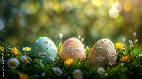 row of painted easter eggs in grass, Easter holiday background with copy space