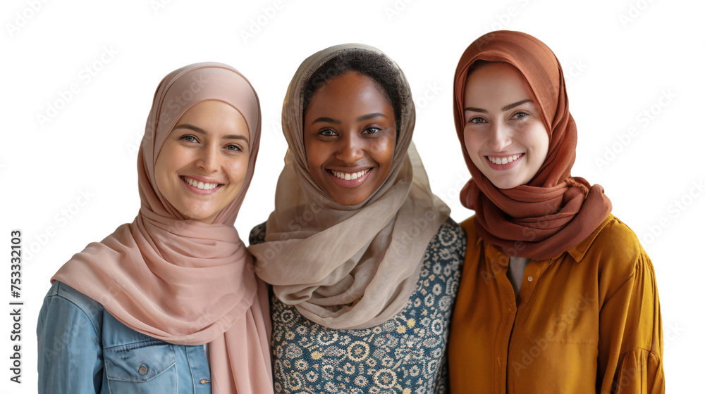 Portrait of a group of women with different nationalities, smiling together, isolated on transparent background Portrait of a group of women with different nationalities, smiling together, isolated on transparent background