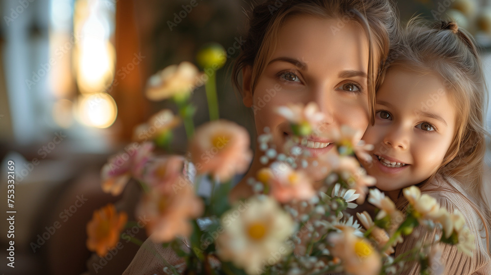 Mam and kid with flowers, Mother`s Day Background