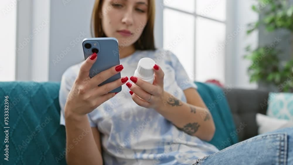 A focused woman examines pills while using her smartphone on a teal sofa indoors. A focused woman examines pills while using her smartphone on a teal sofa indoors.