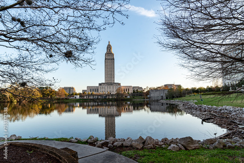 Louisiana State Capitol and Capitol Lake just before dusk