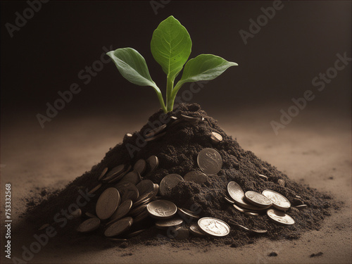 sustainable and profitable environment. a pile of dirt with a plant growing and money next to it.