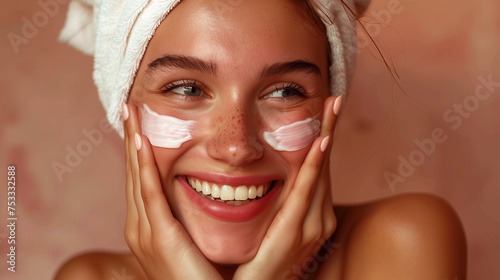 A woman with a happy face uses cosmetics on her face to add volume to her skin