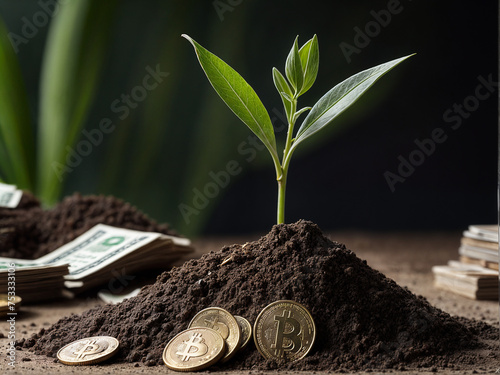sustainable and profitable environment. a pile of dirt with a plant growing and money next to it.