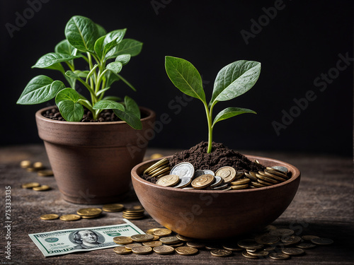 sustainable and profitable environment. a pile of dirt with a plant growing and money next to it.