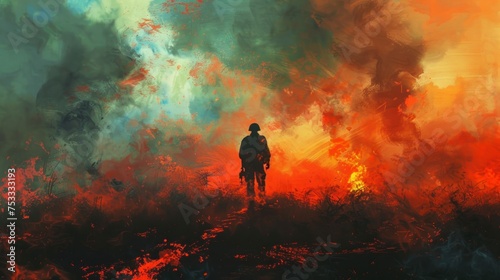 illustration painting of a lone soldier at war with explosions and smoke, bombs, death, weapons in high resolution and high quality