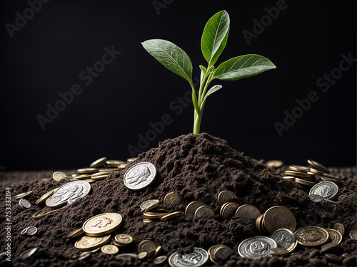 sustainable and profitable environment. a pile of dirt with a plant growing and money next to it.