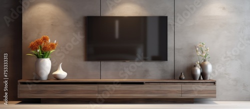 Smart TV on cabinet design in modern living room with blank screen photo