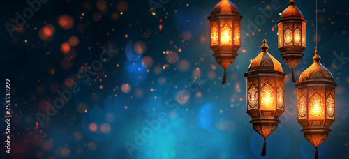 Collection of lighted lanterns. Islamic holiday celebration background suitable for Ramadan, Eid or Hari Raya © Aku Creative