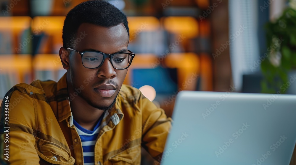 Fototapeta premium Man works on a laptop