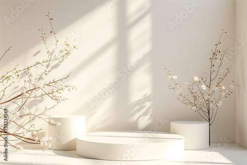 The background of the exhibition hall, the podium in delicate, warm shades for design. Minimalistic modern style.