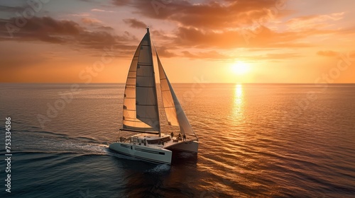 Sailing yacht in the sea at sunset.