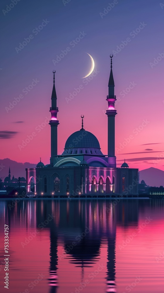 beautiful eye-catching mosque with crescent moon in the background at sunset and reflected by lake