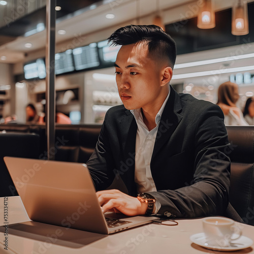Young Businessman Focused on Laptop at a Café: The Modern Remote Working Lifestyle, asian businessman 