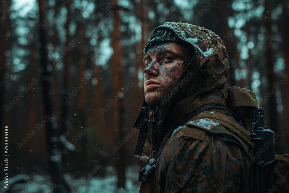 A dirty soldier in the forest, a dark photo of war and soldiers. Concept of warfare