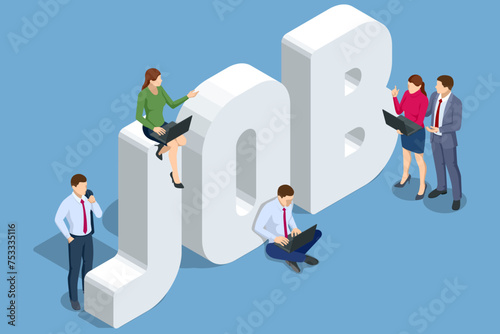 Isometric Search job vacancy, recruitment and workgroup, concept. Job interview, recruitment agency