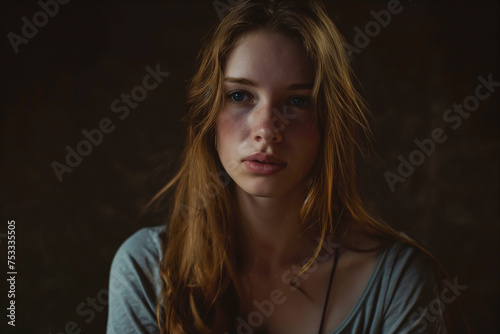 Distressed young woman or woman with depression on a dark background, portrait
