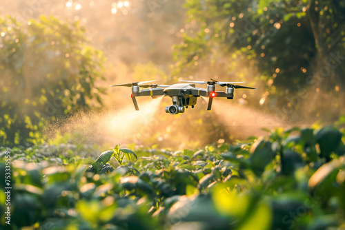 Drone used in agriculture, theme of technology and innovation used in agriculture to spray plants © MVProductions