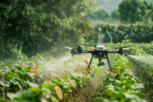 Drone used in agriculture, theme of technology and innovation used in agriculture to spray plants