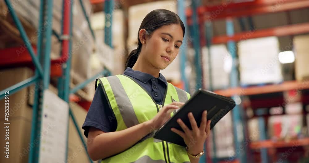 Shipping, warehouse and woman on tablet for inspection, inventory and online stock. Manufacturing, distribution and person on digital technology for logistics, maintenance and checklist in factory