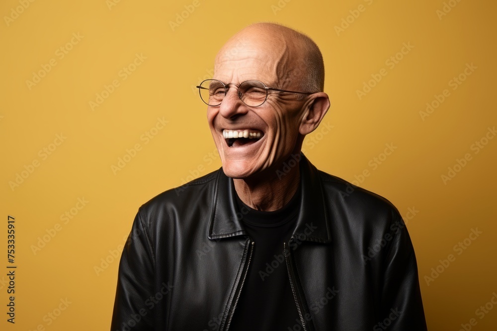Portrait of an old man with glasses laughing on a yellow background Portrait of an old man with glasses laughing on a yellow background