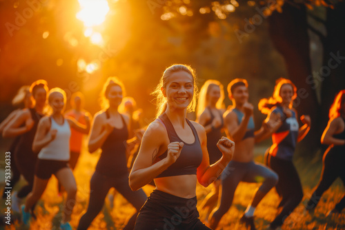 Group of fit and active people doing sport exercising in nature. Happy smiling men and women in sportswear having workout in the park at sunset. Outdoors training and fitness concept
