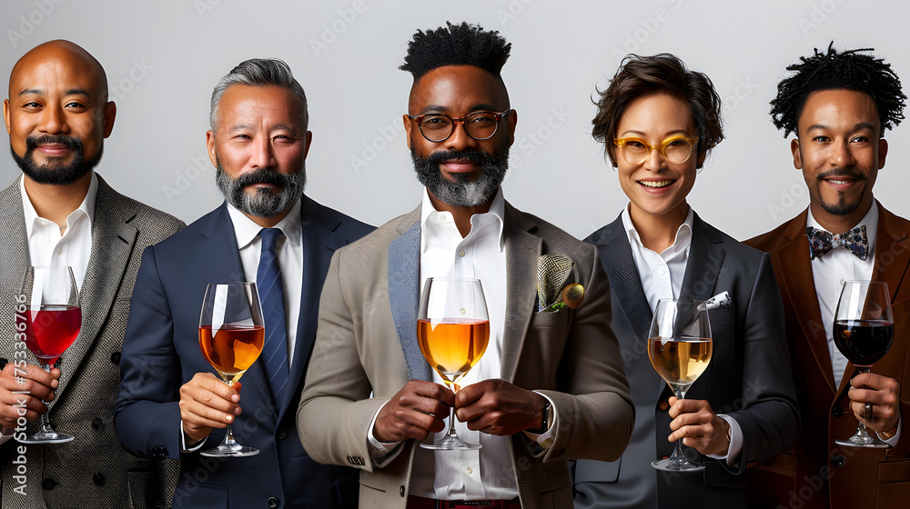 Group of People Holding Wine Glasses in Afrofuturism-Inspired Style, To convey a sense of celebration, networking, and professional success in Group of People Holding Wine Glasses in Afrofuturism-Inspired Style, To convey a sense of celebration, networking, and professional success in