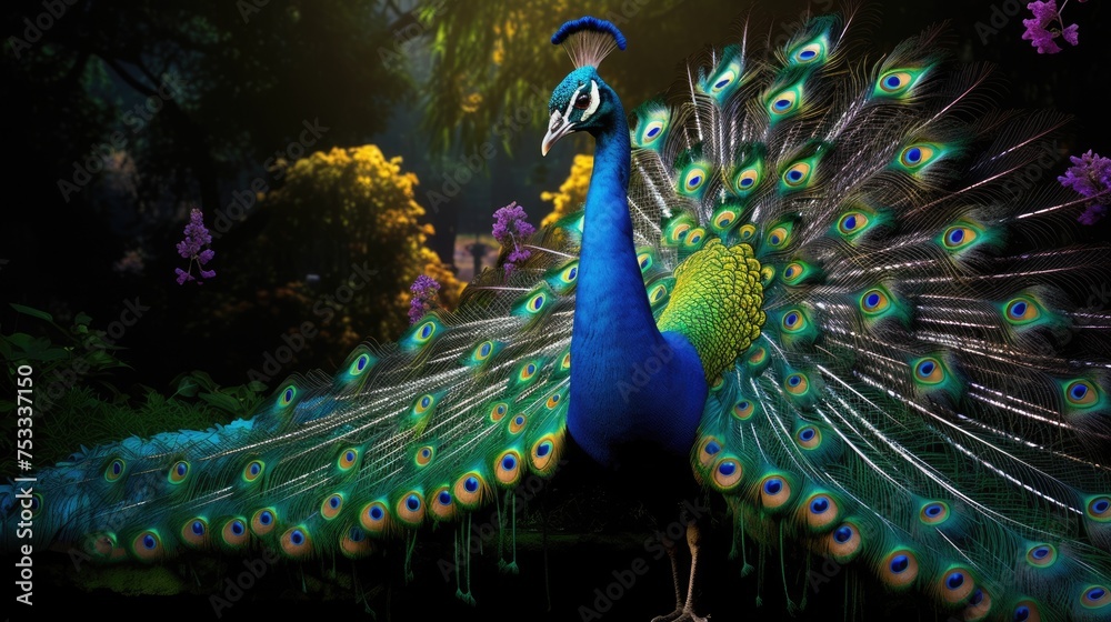 Obraz premium Vibrant peacock, a stunning display of nature's beauty, showcasing the colorful plumage and elegant presence of this majestic, a symbol of grace and elegance.