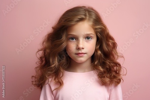 Portrait of a cute little girl with long curly hair on a pink background. © Iigo