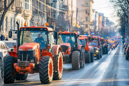 Many tractors blocked city streets and caused traffic jams in city. Agricultural workers protesting against tax increases, changes in law, abolition of benefits on protest rally in street © MVProductions