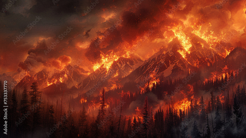 Naklejka premium The mountainside forest ignites with the fury of wildfire.