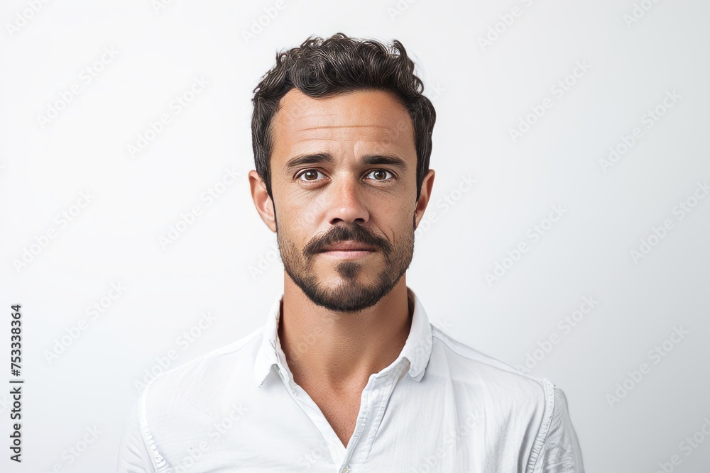Portrait of handsome young man with beard and mustache, wearing white shirt, looking at camera. Portrait of handsome young man with beard and mustache, wearing white shirt, looking at camera.