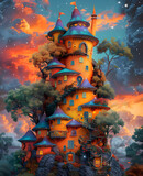 A whimsical art paint of a castle perched on a hill amidst a lush natural landscape. Surrounded by trees, the castle stands out against the backdrop of the sky and geological phenomenon