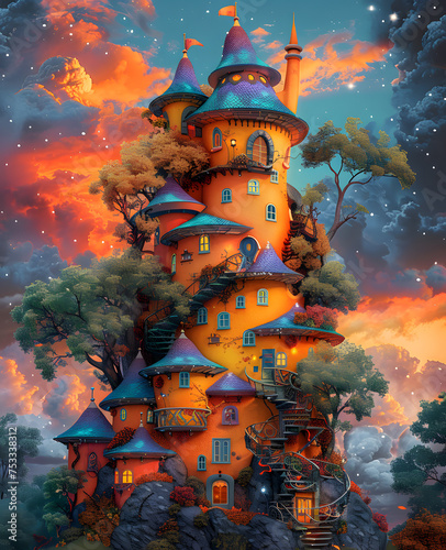 A whimsical art paint of a castle perched on a hill amidst a lush natural landscape. Surrounded by trees, the castle stands out against the backdrop of the sky and geological phenomenon