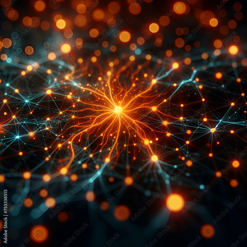 Fototapeta premium Complex Mesmerizing Orange Intricacies Glowing On Black Neural Links Network, Orange Spots & Neon Blue Webbing. Bokeh. Artificial Intelligence Brain Function Nerve Cells Neuron Activity & Connections