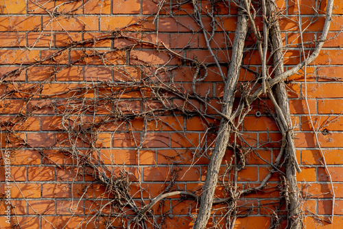 Orange brown wall covered with dry creeping plant, Vine climbs on the red brick blocks texture, Old outdoor building, Abstract geometric pattern background. © Sarawut