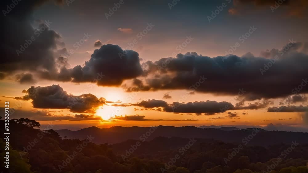 Dramatic mountain view bathed in the warm orange light of a fiery sunset Dramatic mountain view bathed in the warm orange light of a fiery sunset