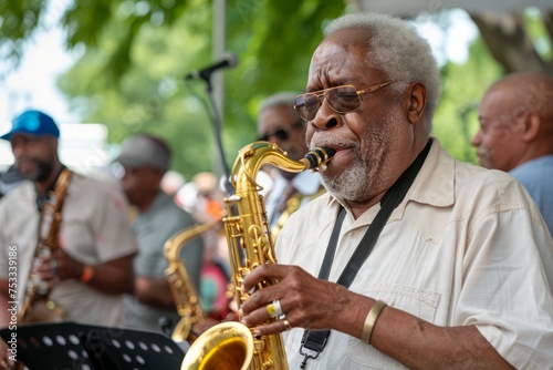 Elderly African American Jazz Musician Playing Saxophone Outdoors with Band in Background
