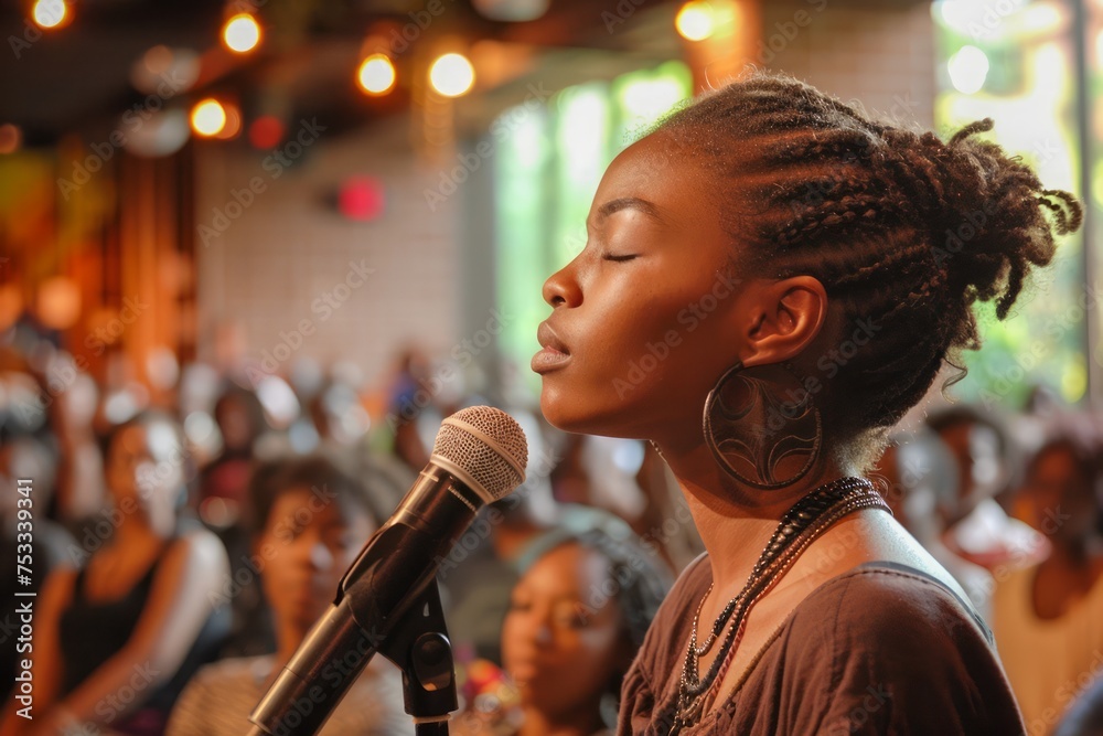 African American Female Singer Performing with Microphone in a Vibrant Music Venue African American Female Singer Performing with Microphone in a Vibrant Music Venue