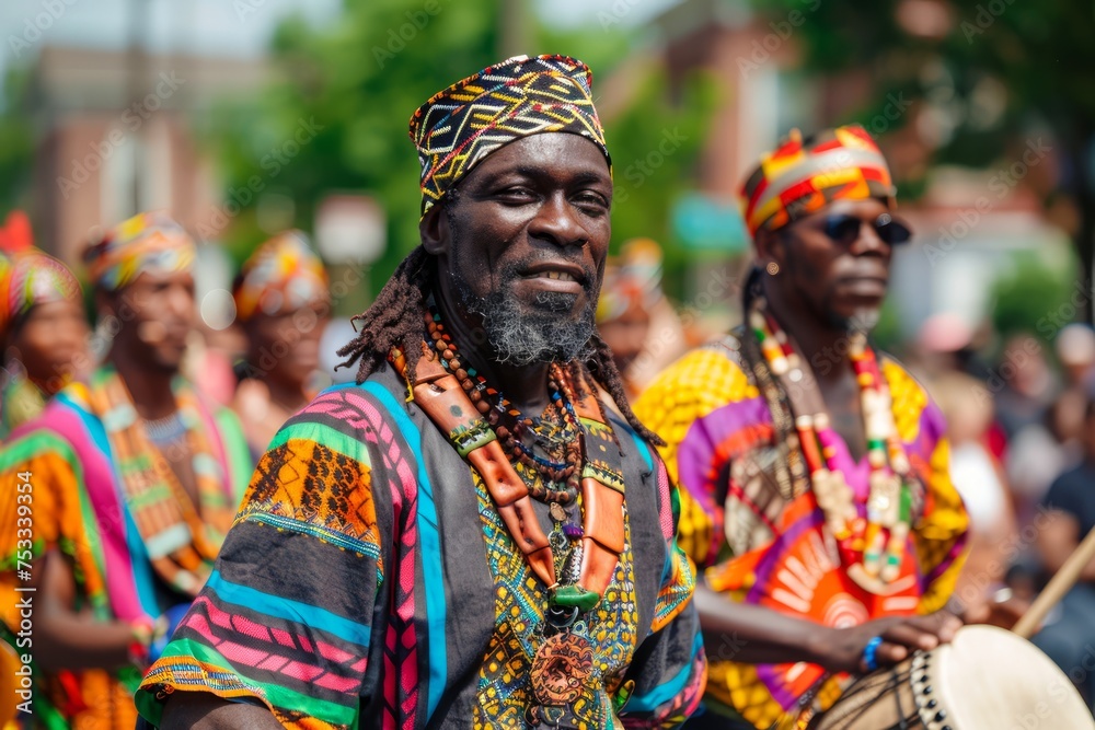 Fototapeta premium Colorful African Traditional Parade with Drummers and Dancers in Vibrant Ethnic Attire