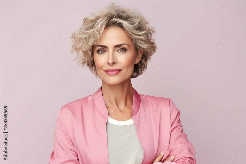 Portrait of beautiful middle aged woman with short blond hair and pink jacket Portrait of beautiful middle aged woman with short blond hair and pink jacket
