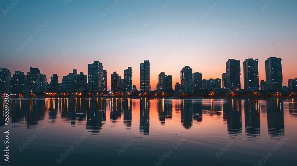 Cityscape skyline reflected on lake sea in evening