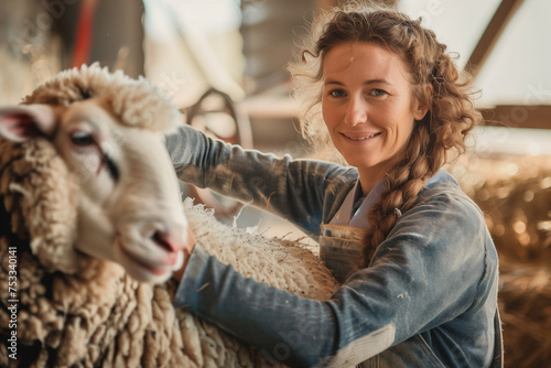 Sheep farmer, adult working woman shearing the wool of the animal inside a barn photo