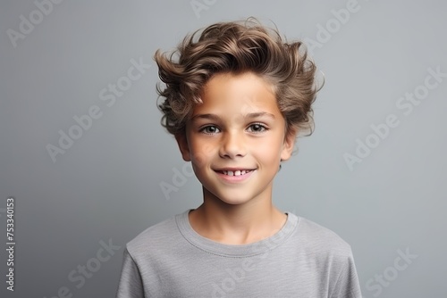 Portrait of a cute little boy with hairstyle over grey background © Iigo