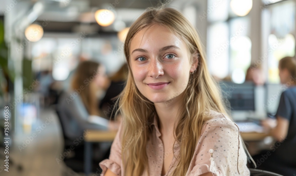 Confident young businesswoman  at her office desk, surrounded by active colleagues in a bright, modern workplace setting