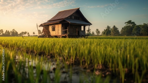 Rice fields in the countryside at sunset with wooden houses